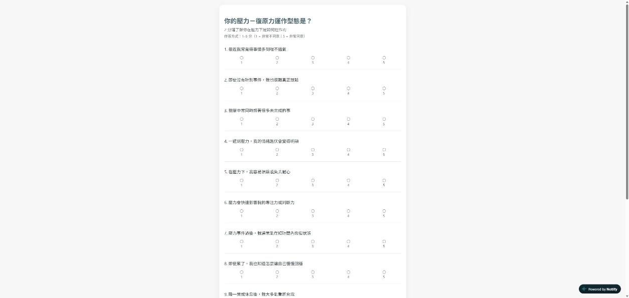 壓力-復原力整合指數測驗 網站畫面