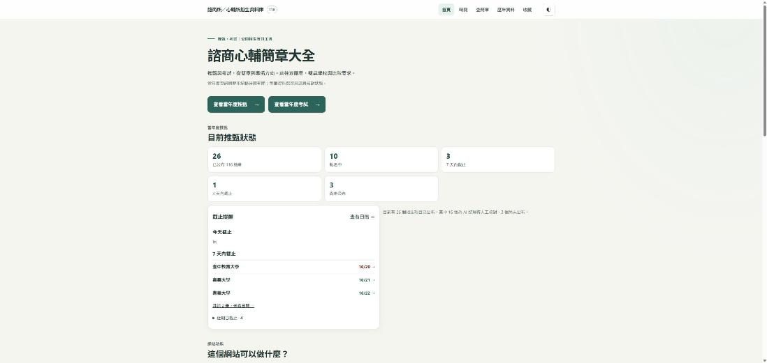 諮商所/心輔所招生資料庫 網站畫面